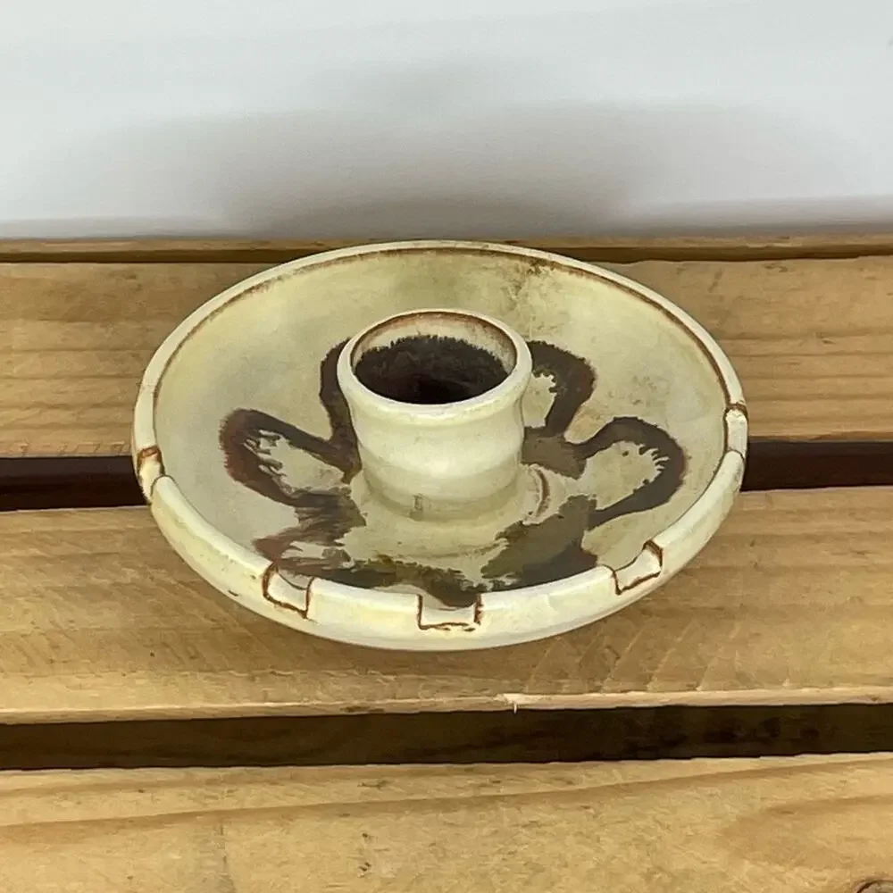Vintage Farmhouse Pottery Candlestick Holder Ashtray Signed by artist